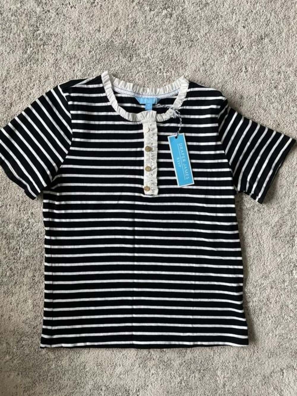 Draper James Black and White Striped Ruffle Henley Top